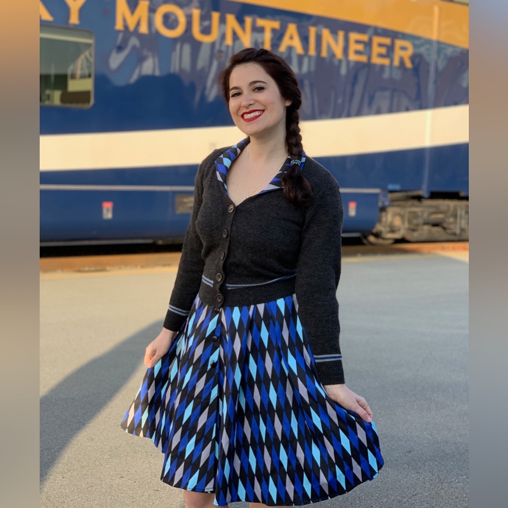 Pinup Girl Clothing Blue and Gray Harlequin Dress